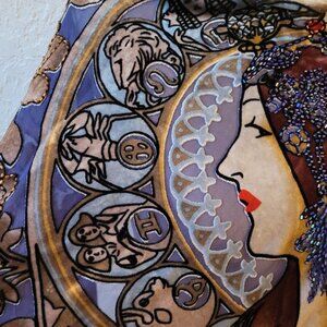 Vintage silk and beaded art nouveau Astrology gypsy scarf 62" x 29"